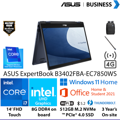 ASUS ExpertBook NB B3402FBA-EC7850WS I7-1255U/UMA/8/512 W11H-OHS 3YOS
